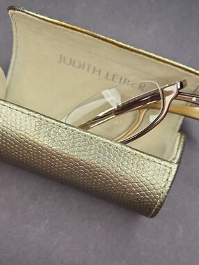 Judith Leiber Gold Textured Eyeglass Case with Rose Gold Frames